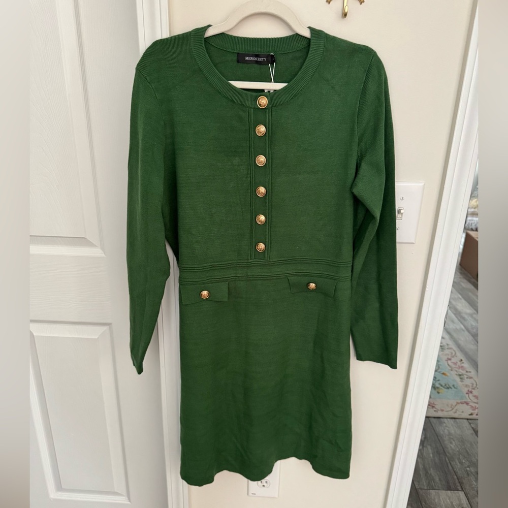 Green button front sweater dress